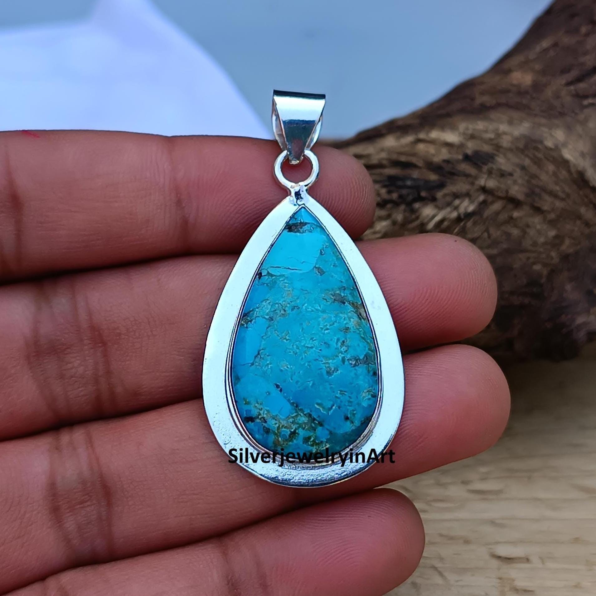 Handmade Turquoise Teardrop Pendant: 925 Sterling Silver Jewelry