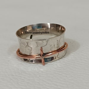 Cross Shape Copper& 925 Sterling Silver Spinner Ring/Handmade Ring/Statement Ring/Meditation Ring/Women Ring/Man Ring/Gift Her/Free-Shipping