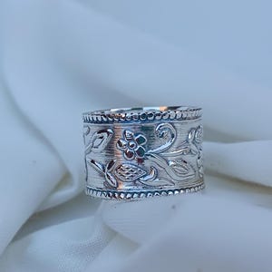 925 Sterling Silver Wide Band Ring ,Gifts For Christmas Statement  Ring , Birthday Gift ,Silver Band Ring ,Flower Band Ring, Oxidised Matte