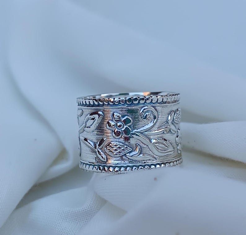 925 Sterling Silver Wide Band Ring ,Gifts For Christmas Statement  Ring , Birthday Gift ,Silver Band Ring ,Flower Band Ring, Oxidised Matte
