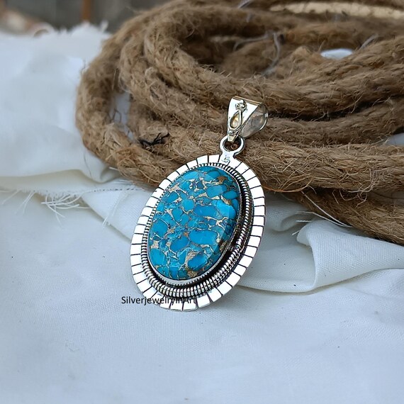 Handmade Blue Copper Turquoise Pendant: 925 Sterling Silver