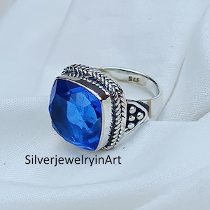 Blue Tanzanite Quartz Ring: Handmade 925 Sterling Silver Statement Jewelry