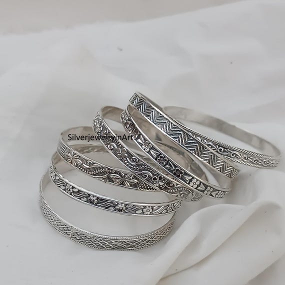 Handmade Sterling Silver Bangle Set: Stackable Etched Bangles - Etsy