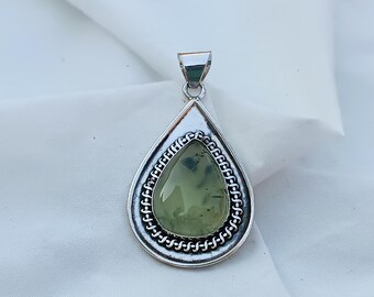 Prehnite Gemstone Pendant, Teardrop 925 Sterling Silver, Handmade Jewelry