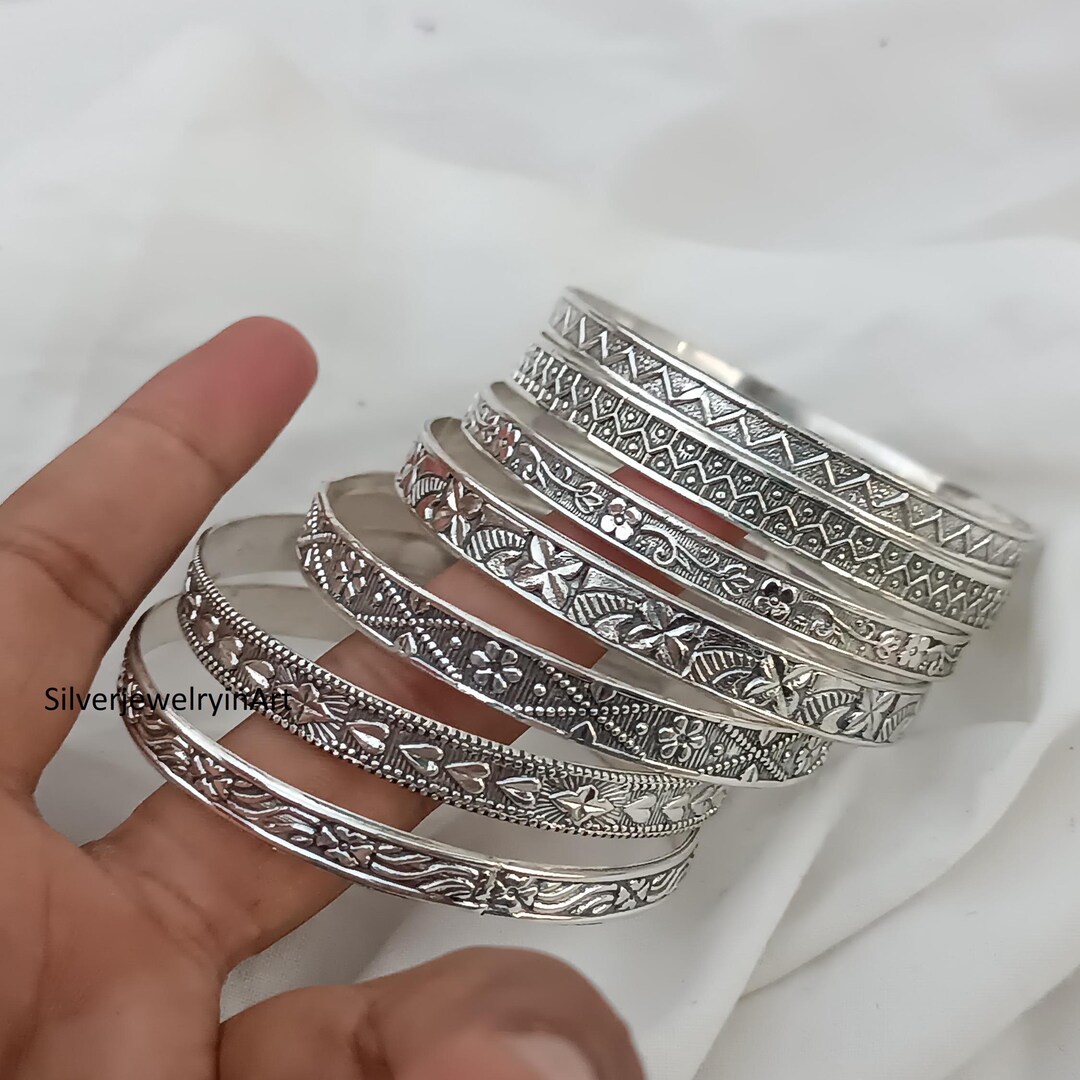 Handmade Sterling Silver Bangle Set: Etched Floral Jewelry - Etsy