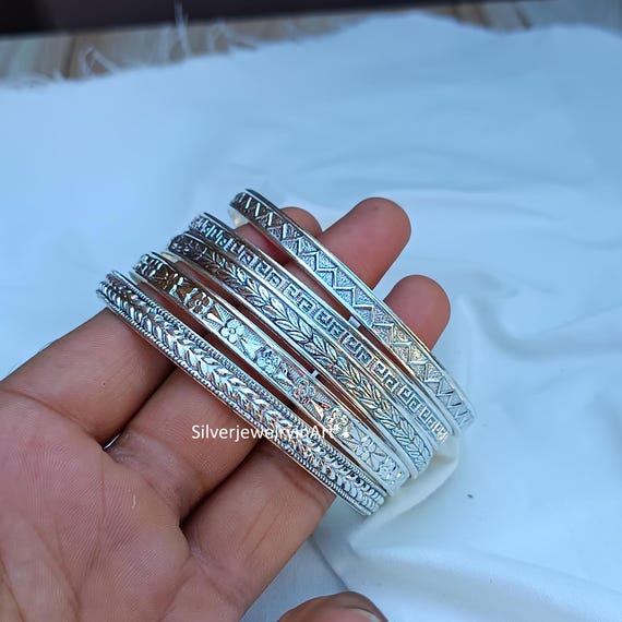 Handmade Sterling Silver Bangle Set: Etched Stacking Bangles - Etsy