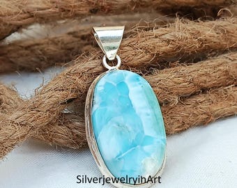 Handmade Larimar Silver Pendant: 925 Sterling Silver Gemstone Jewelry