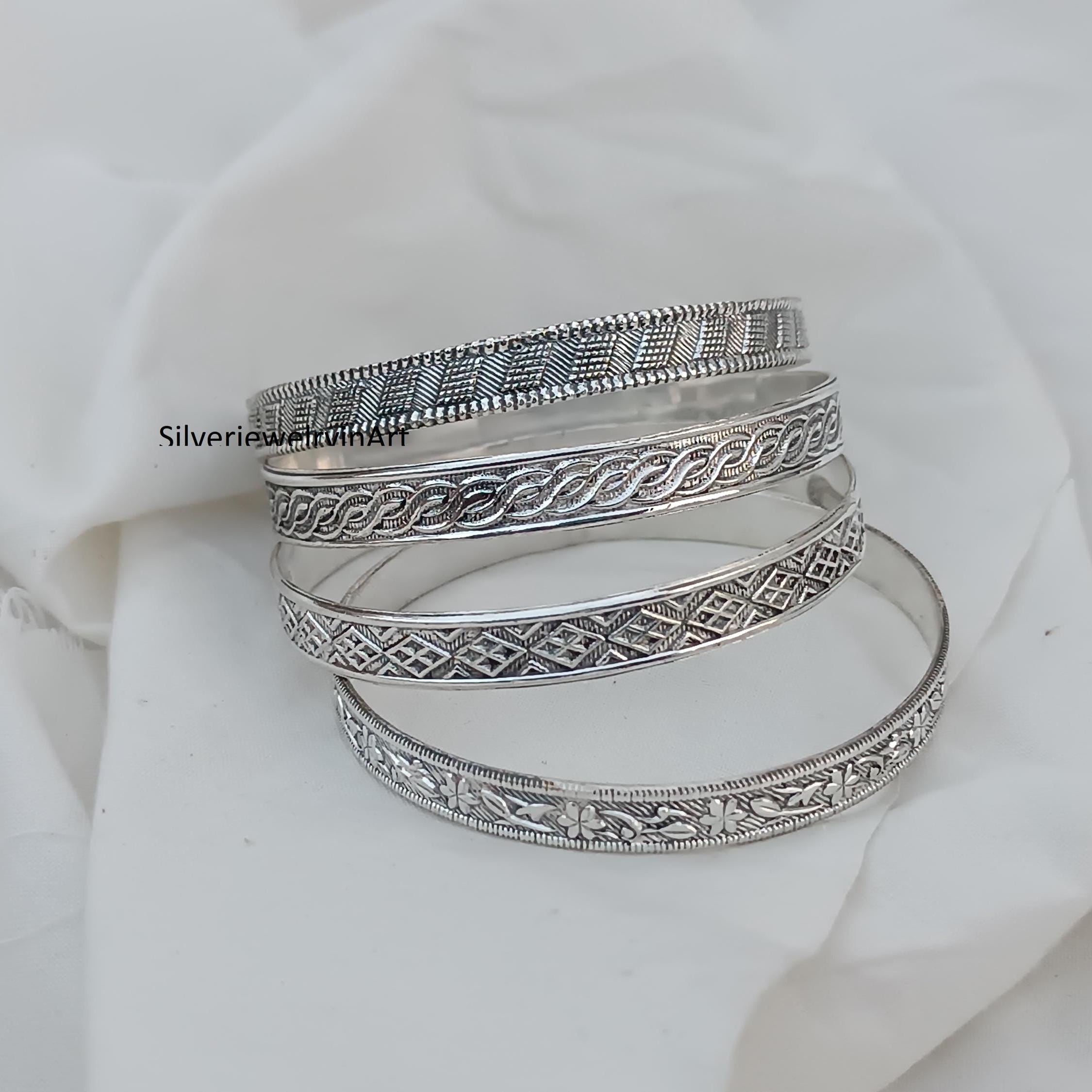 Handmade Sterling Silver Bangle Set: Designer Stacking Bangles
