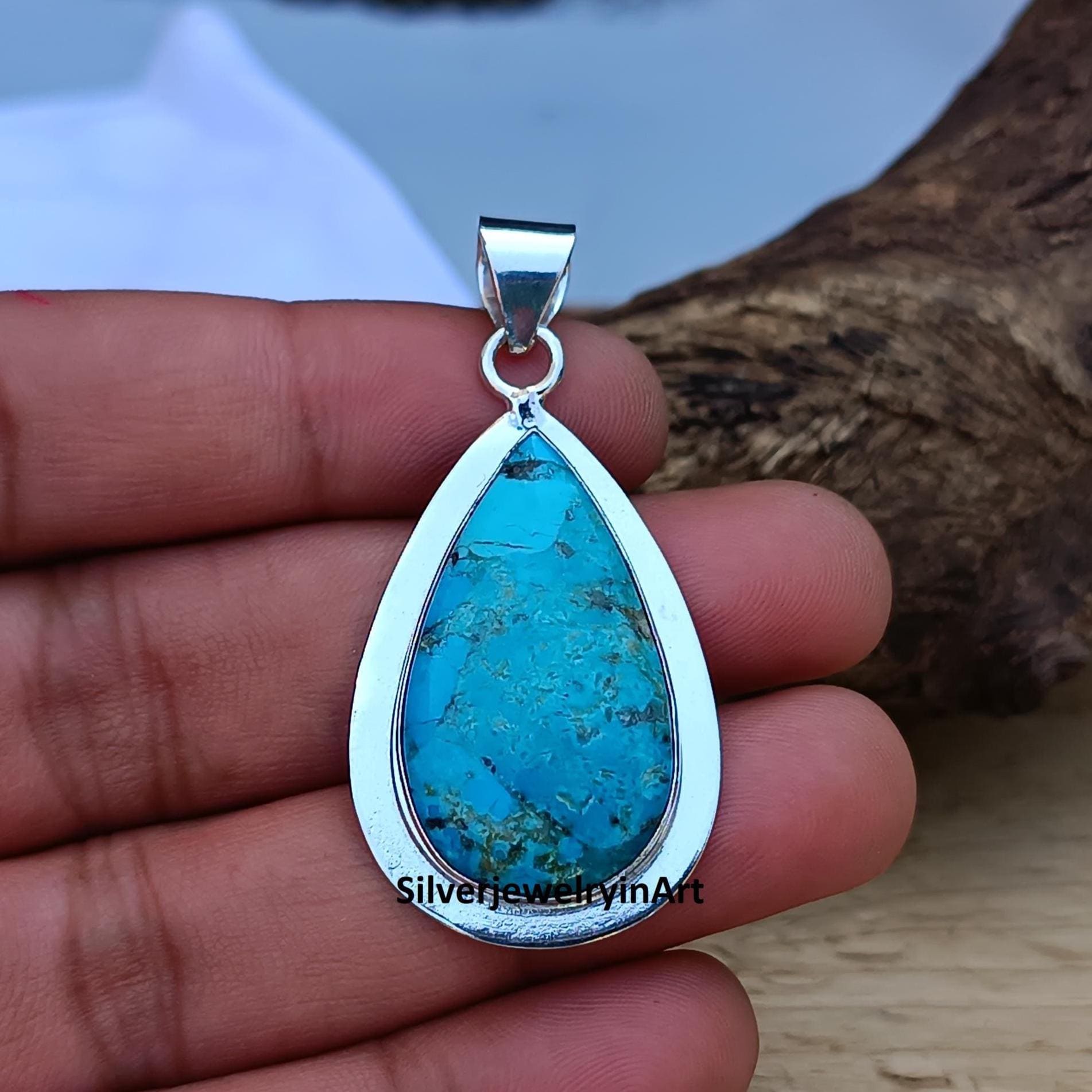 Handmade Turquoise Teardrop Pendant: 925 Sterling Silver Jewelry