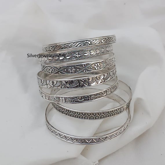 Handmade Sterling Silver Bangle Set: Etched Floral Jewelry - Etsy