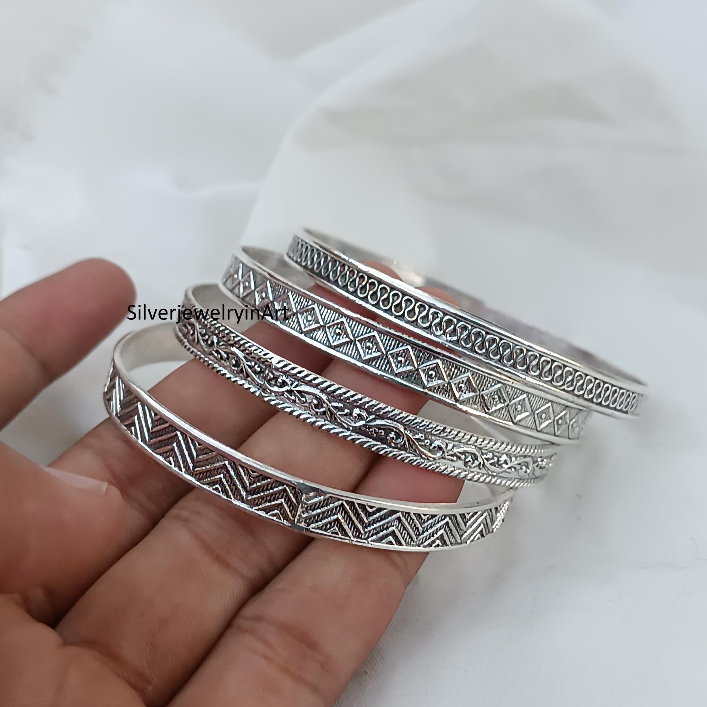 Designer Sterling Silver Stacking Bangle Set: Unique Silver