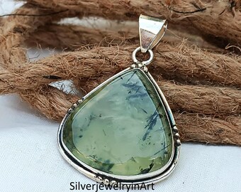 Handgemaakte prehniet-edelsteenhanger: 925 sterlingzilveren sieraden