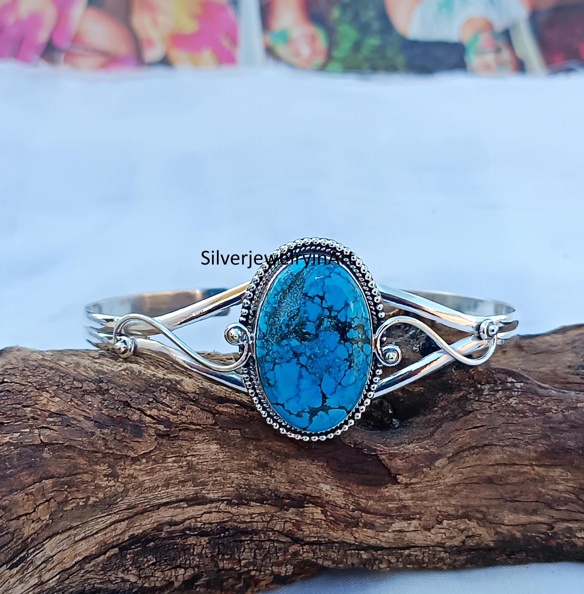 Turquoise Silver Bangle,925 Sterling Silver, Boho Bangle