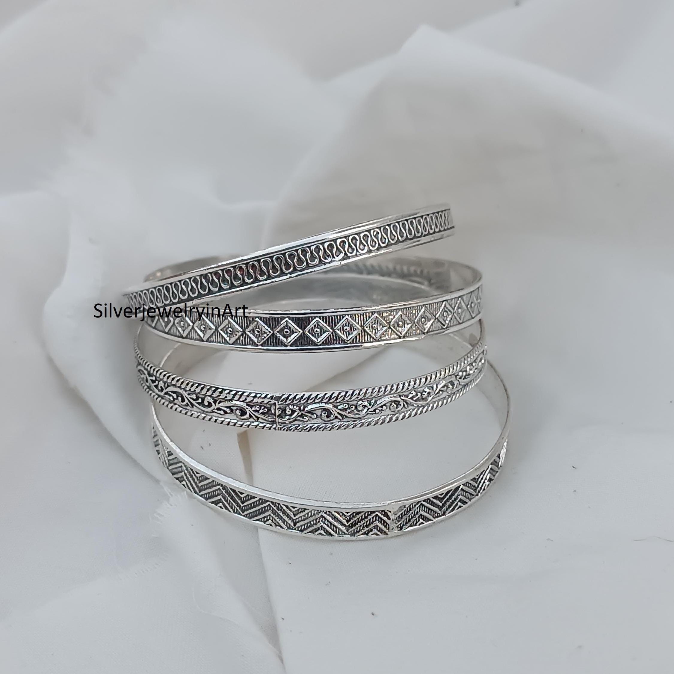 Designer Sterling Silver Stacking Bangle Set: Unique Silver