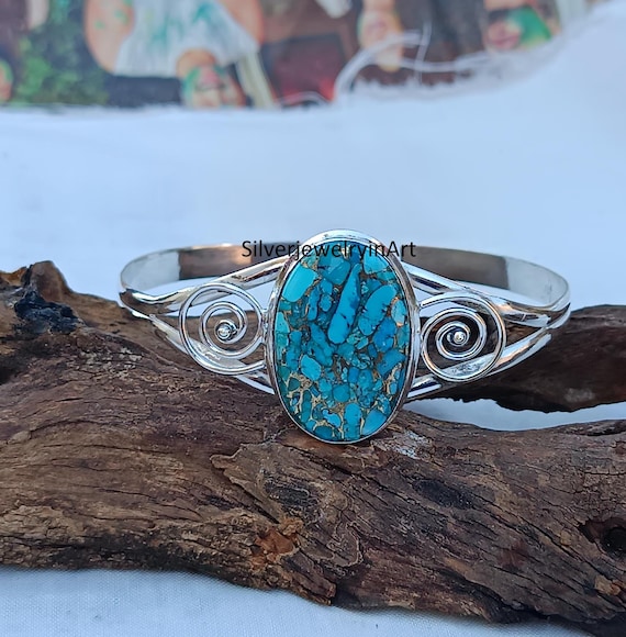 Blue Copper Turquoise Sterling Silver Bangle: Boho Cuff Jewelry