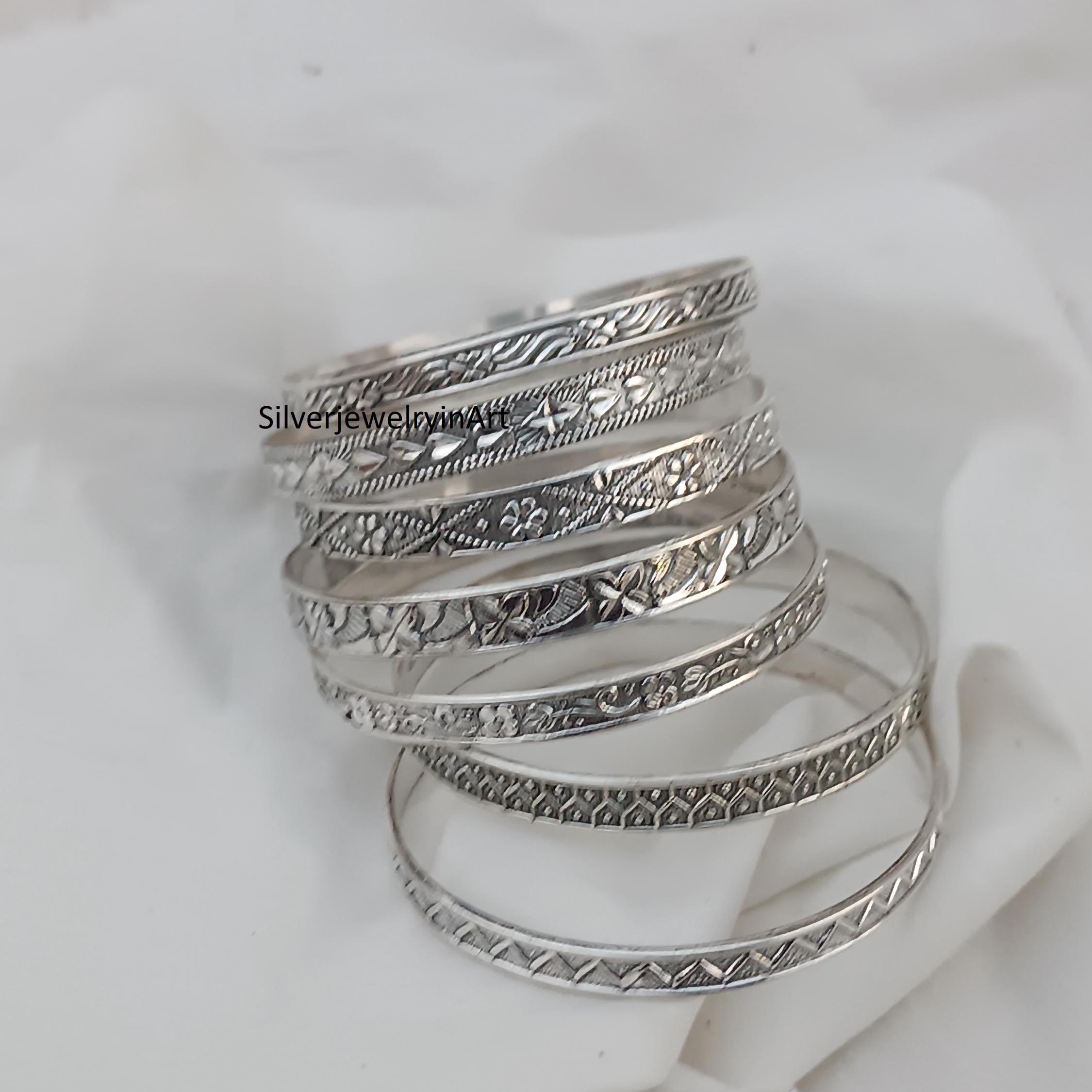 Handmade Sterling Silver Bangle Set: Etched Floral Jewelry - Etsy