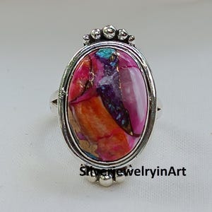 Pink Oyster Turquoise Ring: Handmade 925 Sterling Silver Boho Ring