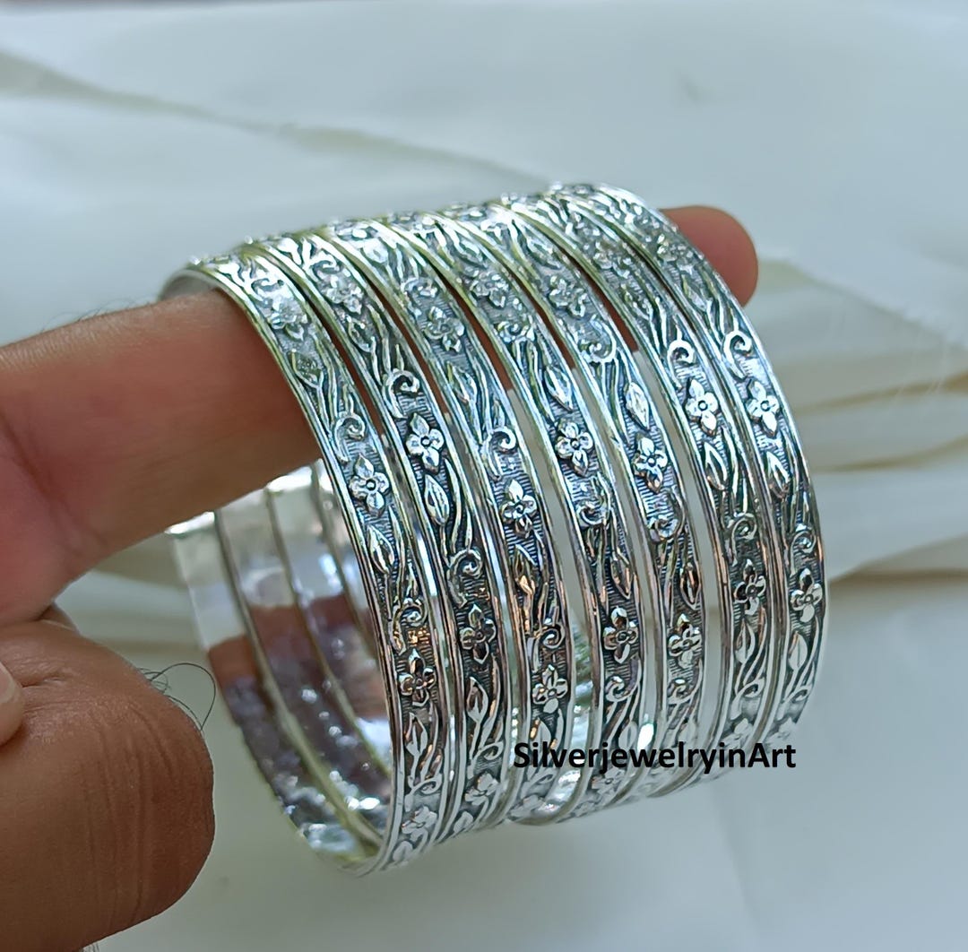 Sterling Silver Stacking Bangle Set: Handmade Flower Design, 7-day
