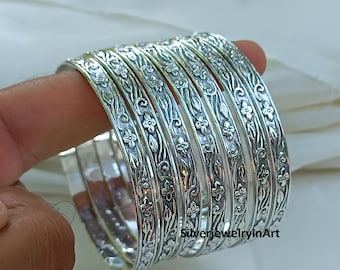 Set di bracciali impilabili in argento sterling: design floreale fatto a mano, braccialetti da 7 giorni