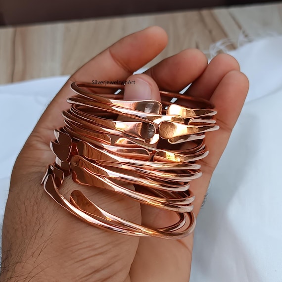 Handmade Hammered Copper Bangle Set - Adjustable Thin Bracelets