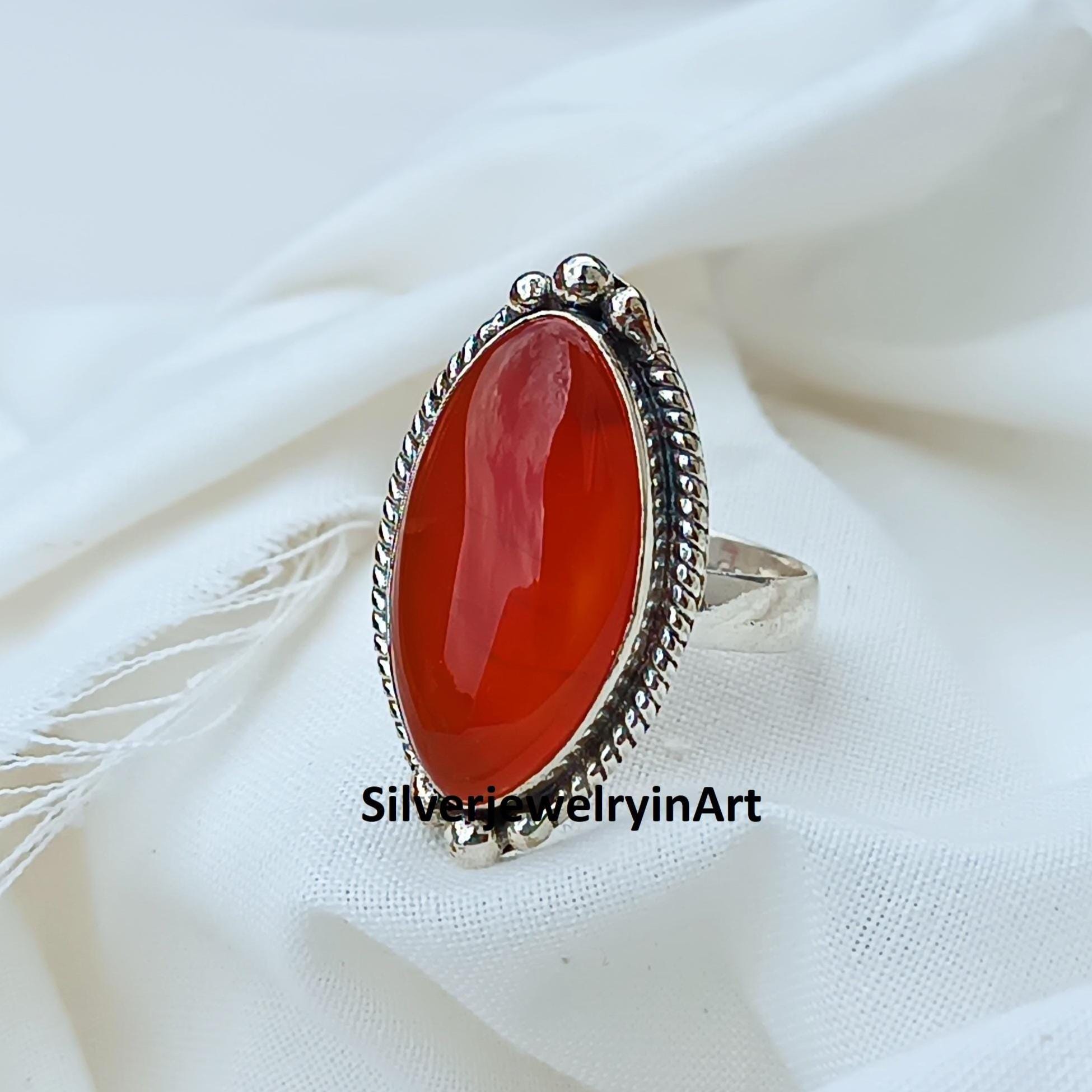 Bague Réglable Argent Massif 925 Avec Cornaline Orange - Ovale Surélevée Création Maison