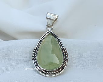 Handmade Prehnite Gemstone Pendant: 925 Sterling Silver Necklace