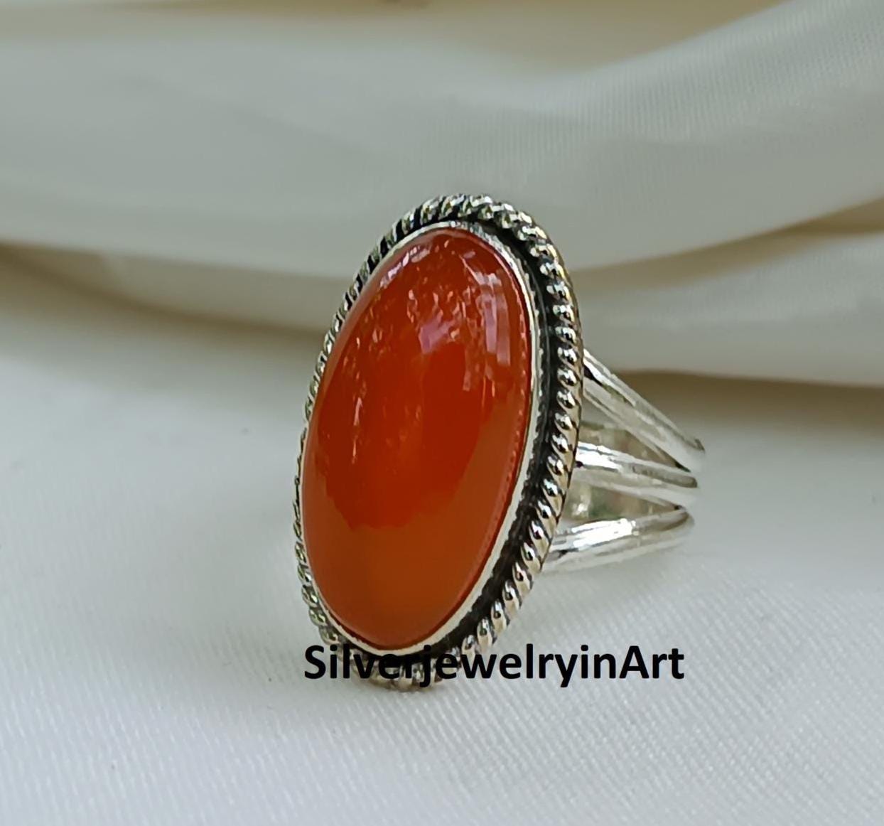 Handmade Sterling Silver Carnelian Ring: Three Band Statement 