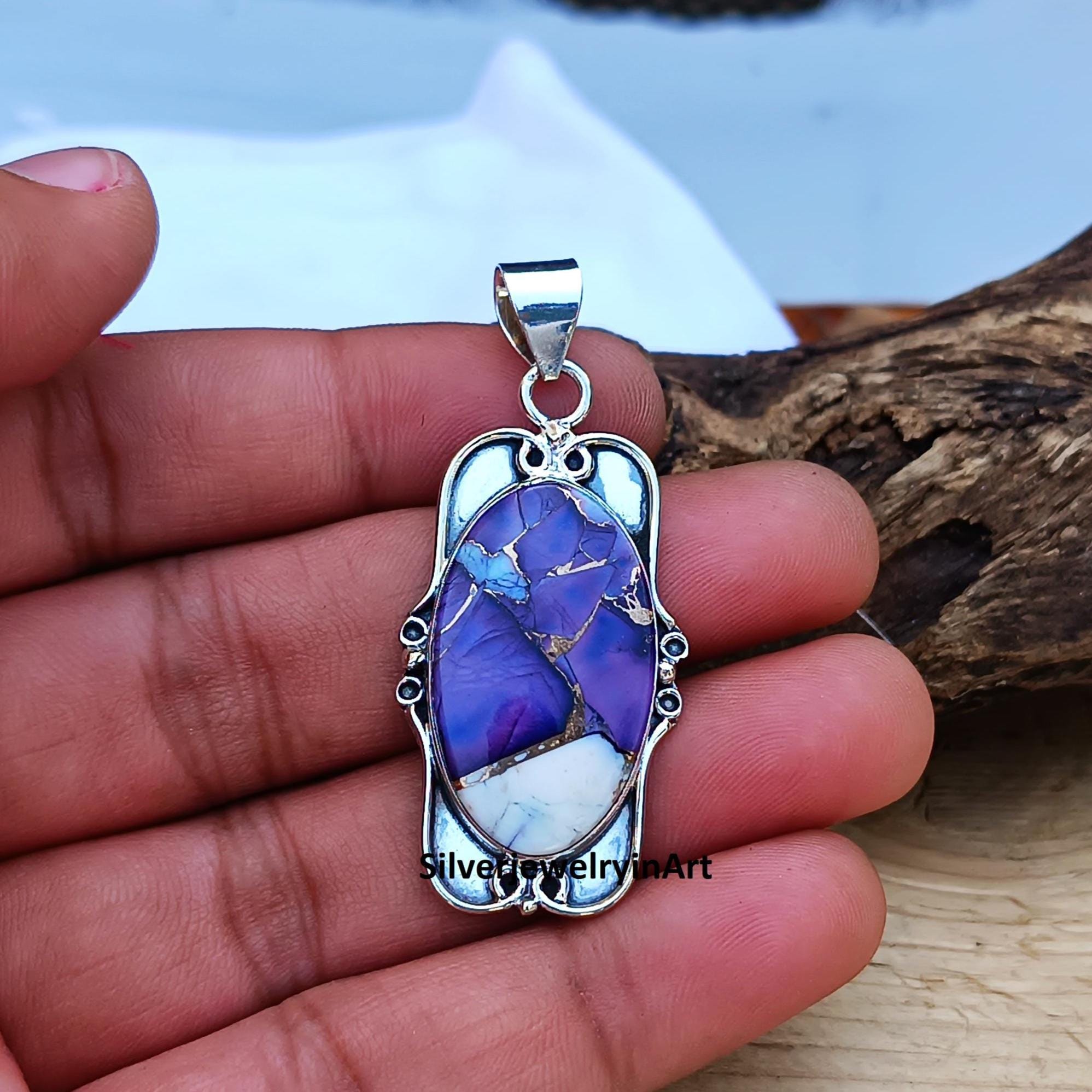 Purple Dahlia Turquoise Necklace: Sterling Silver Handmade Pendant