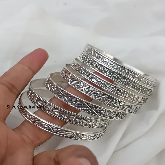 【Genri Lux 925SILVER HAND MADE BANGLE】 Handmade Sterling Silver Bangle Set: Etched Floral Jewelry - Etsy