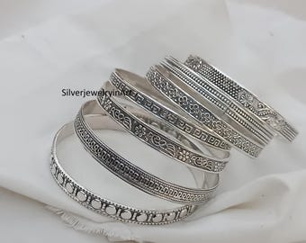 Set di bracciali in argento sterling fatti a mano, motivo floreale inciso