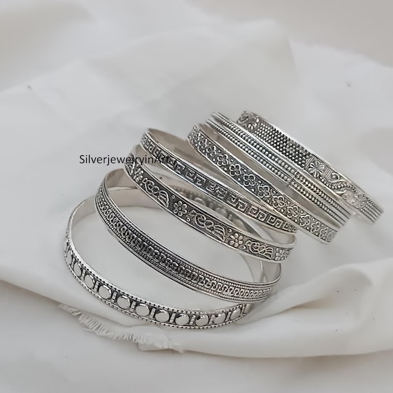 Handmade Sterling Silver Bangle Set, Floral Etched Design - Etsy