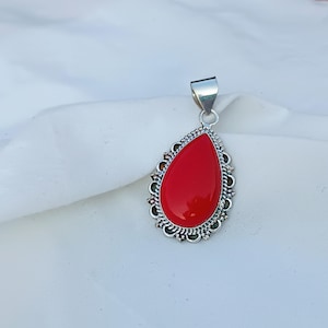 Red Coral Gemstone Pendant ,Daily Wear Pendant ,Handmade Pendant , 925 Sterling Silver Pendant, Coral Gemstone,Christmas Gift ,Gift For Her