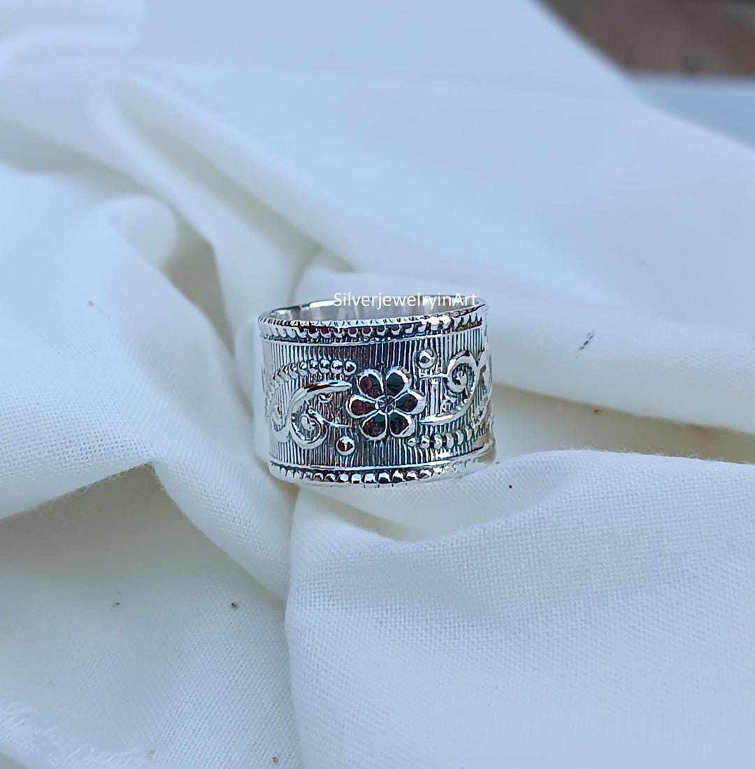 Handmade Sterling Silver Wide Band Ring: Floral Design - Etsy