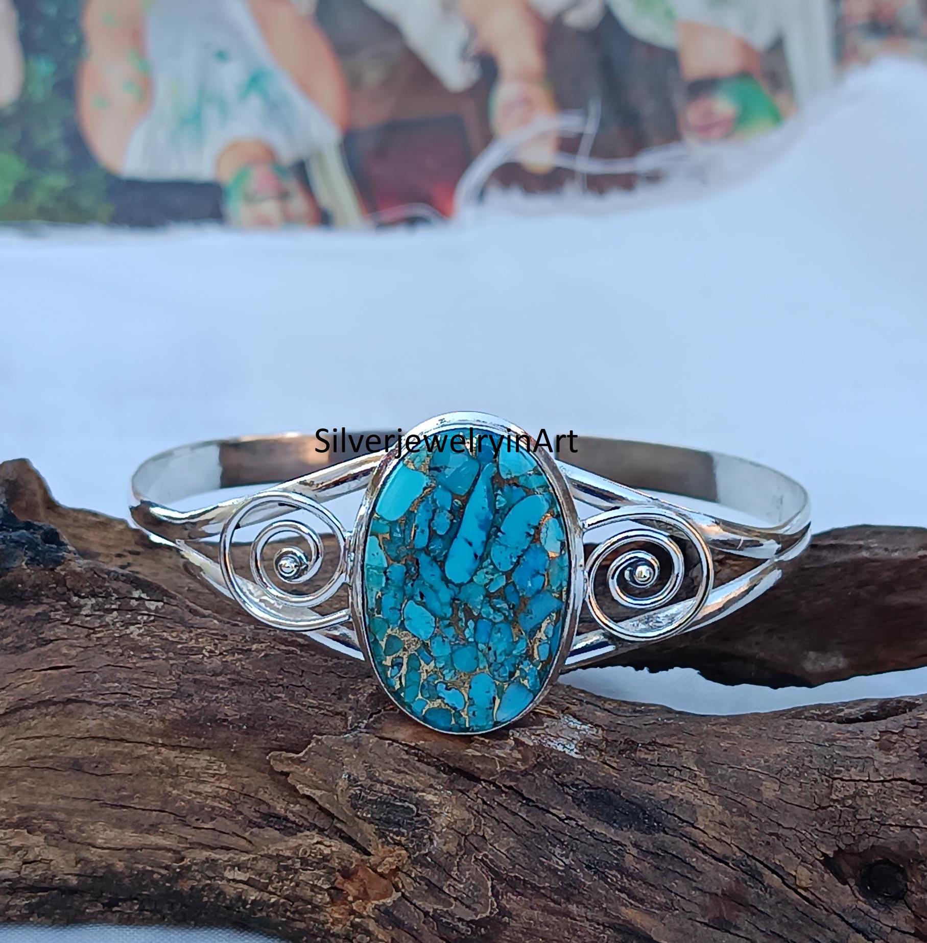 Blue Copper Turquoise Sterling Silver Bangle: Boho Cuff Jewelry - Etsy