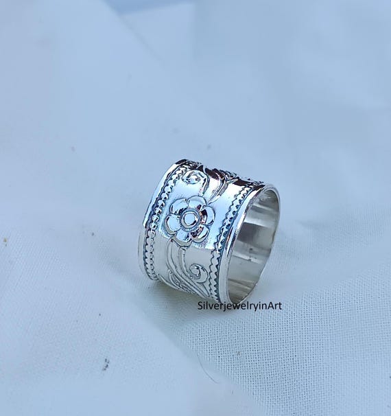 Oxidized Sterling Silver Wide Band Ring: Floral Thumb Ring
