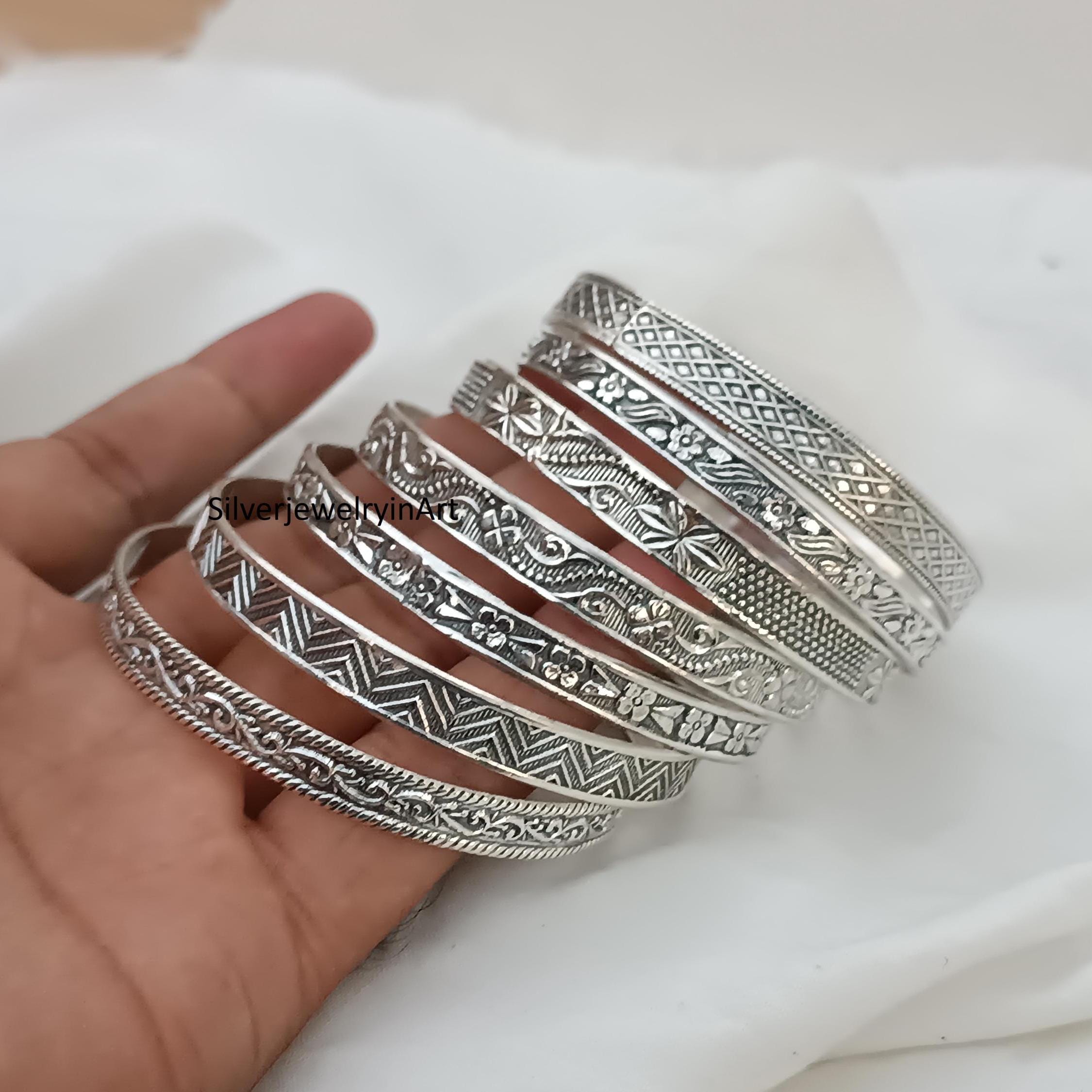 vintage silver bangle セット Handmade Sterling Silver Bangle Set: Stackable Etched Bangles - Etsy