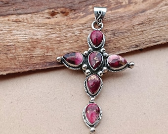 Red Rose Dahlia Turquoise Pendant: Handmade Sterling Silver Jewelry