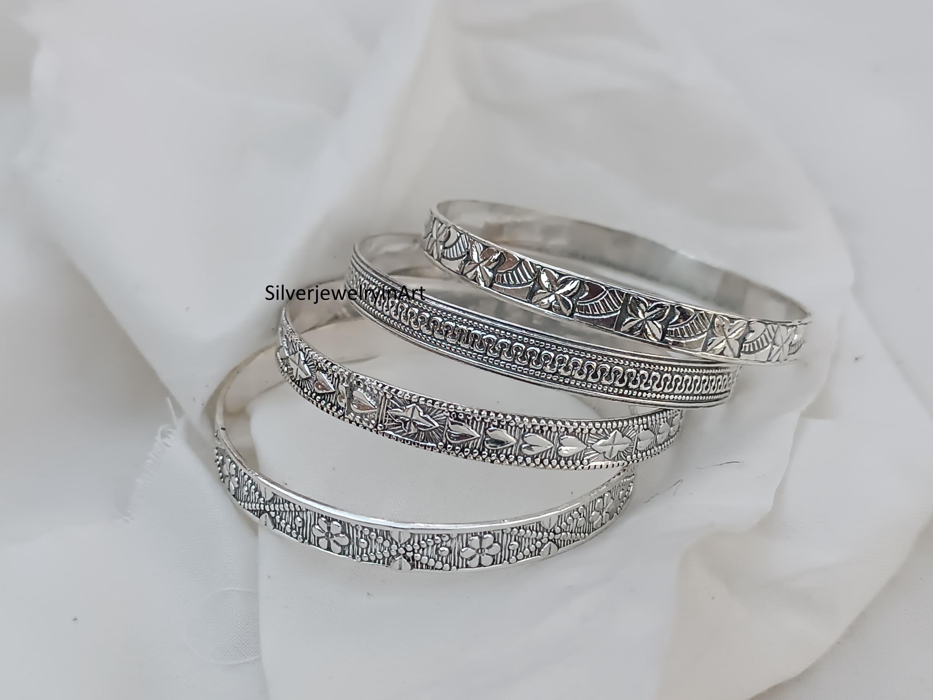 Handmade Sterling Silver Flower Bangle Set - Etsy