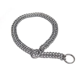 May include: A silver double chain dog collar with a round ring at the end.