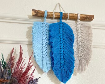 Wood Stick Macrame Feathers Wall Hanging / Macrame Bohemian Home Decor / Macrame Wall Hanging