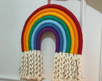 Big Colorful Nursery Decor Bohemian Macrame Rainbow Gift For Kids , Seven Colors Rainbow Wall Hanging