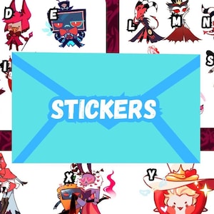 May include: A collection of cartoon character stickers labelled with letters A through Z, featuring Hazbin Hotel and Helluva Boss designs. The stickers are arranged in white rectangular sections against a dark red patterned background with a blue envelope icon in the centre labelled STICKERS.