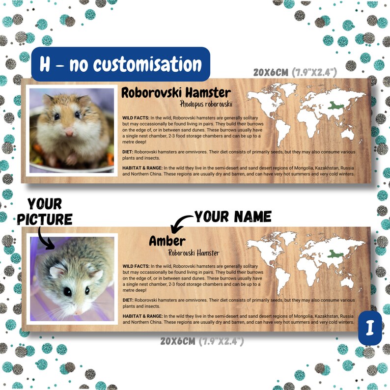 Puede incluir: Una tarjeta imprimible con un h&aacute;mster de Roborovski y un mapa del mundo en el fondo. La tarjeta incluye el nombre del h&aacute;mster, "Amber", e informaci&oacute;n sobre la especie, incluyendo su dieta, h&aacute;bitat y rango. La tarjeta mide 7,9 pulgadas por 2,4 pulgadas.