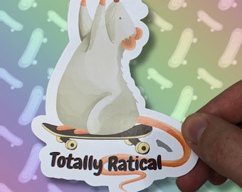 Pegatina de rata grande: Arte de roedor en patineta "Totalmente Ratical"