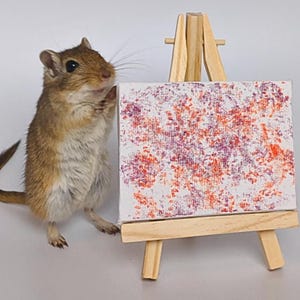 May include: A small gerbil stands beside a miniature wooden easel holding a canvas. The canvas displays an abstract painting with red, orange, and purple brushstrokes on a white background. The gerbil appears to be holding the canvas.