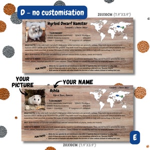 Puede incluir: Una tarjeta imprimible con un fondo de madera que presenta un h&aacute;mster enano h&iacute;brido. La tarjeta incluye la taxonom&iacute;a del h&aacute;mster, datos sobre su vida salvaje, dieta, h&aacute;bitat y rango, y datos curiosos. La tarjeta mide 7,9 pulgadas por 3,9 pulgadas y est&aacute; etiquetada como "D - sin personalizaci&oacute;n".