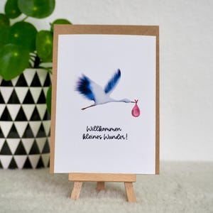 Karte zur Geburt "Willkommen kleines Wunder!" Babykarte Grußkarte - Storch - A6 Postkarte mit Umschlag
