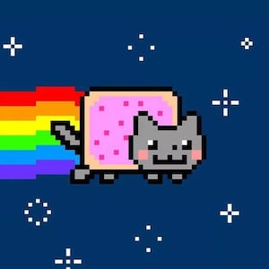 Puede incluir: Un gato pixelado que lleva un disfraz de tostada rosa y blanca con una estela de arcoíris detrás. El gato está volando por un espacio azul oscuro con estrellas blancas.