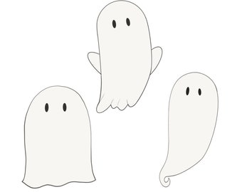 May include: Three white cartoon ghosts with black eyes. The ghosts are in different poses, one is floating, one is standing, and one is curled up.