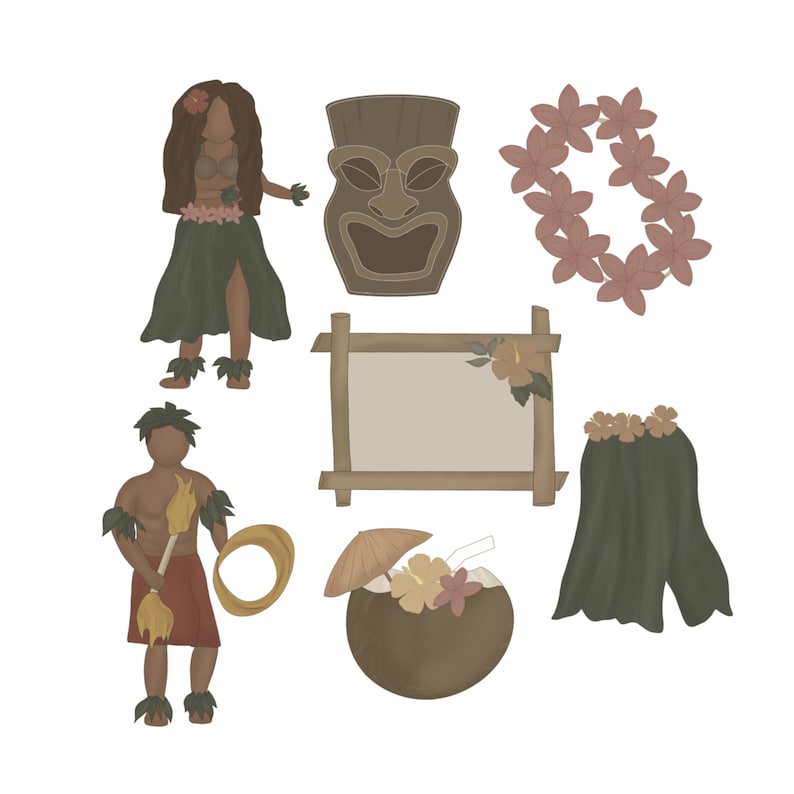 Puede incluir: Un conjunto de ilustraciones de tem&aacute;tica hawaiana que incluye una bailarina de hula, una m&aacute;scara tiki, un collar de flores, una bebida de coco, un marco de madera con flores, un tambor y un hombre sosteniendo una antorcha.